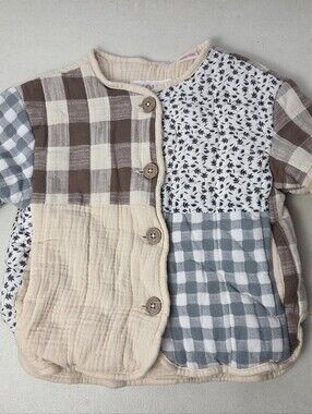 Zara Baby Patchwork Jacket Beige Brown Button Floral Plaid Gauze Size 12-18